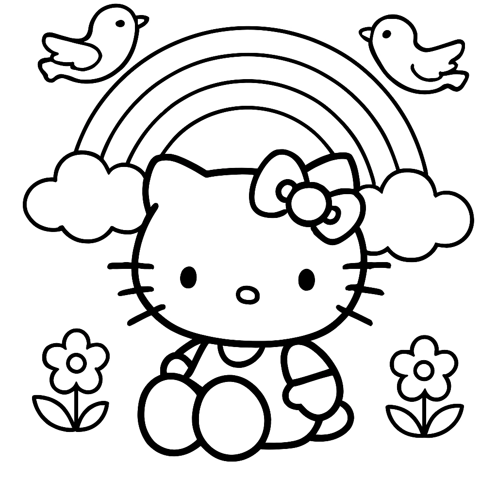 Hello Kitty sitting under a rainbow with birds